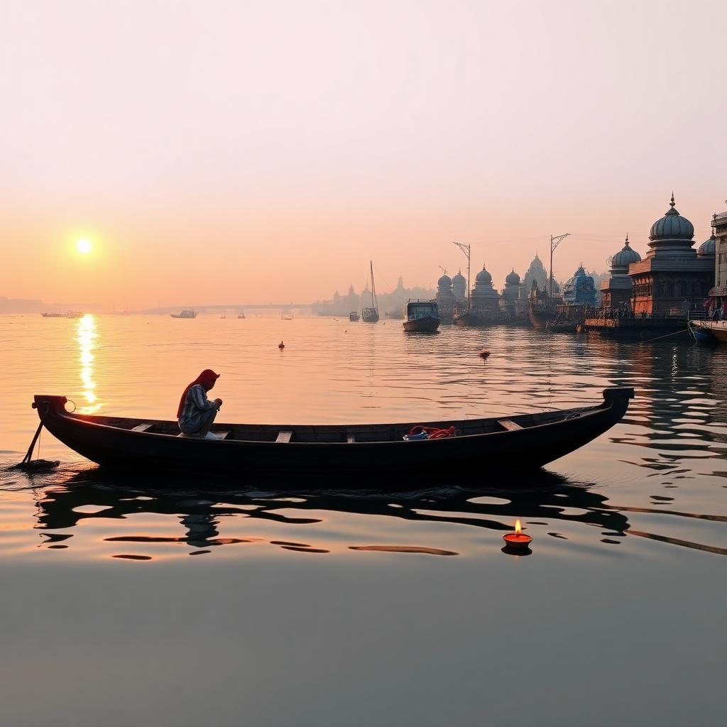 Wooden boat on the Ganga at sunrise near Varanasi ghats with floating oil lamps