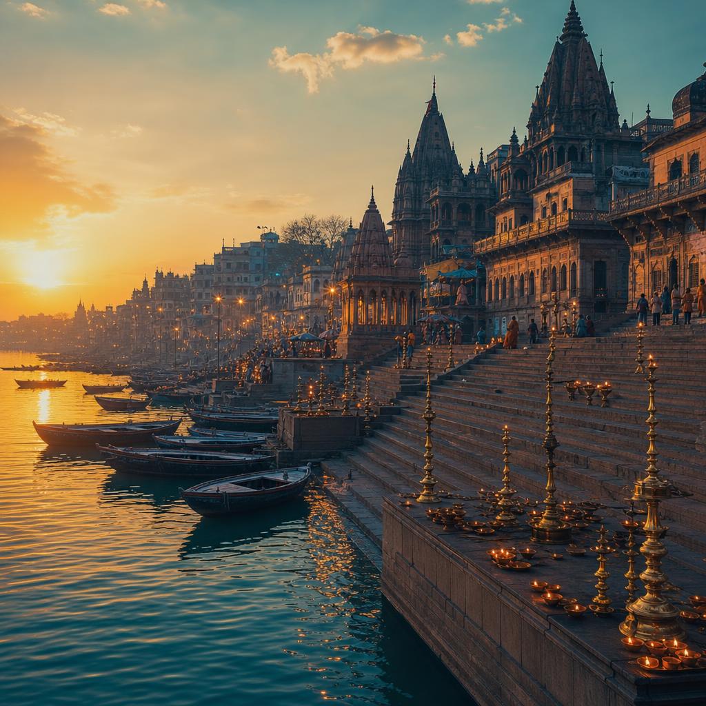 Varanasi ghats along the Ganga at sunrise with temple silhouettes and boats on the river