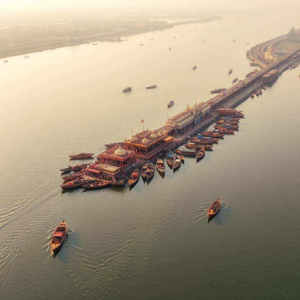 Aerial view of Prayagraj Triveni Sangam with boats and pilgrims at sunrise