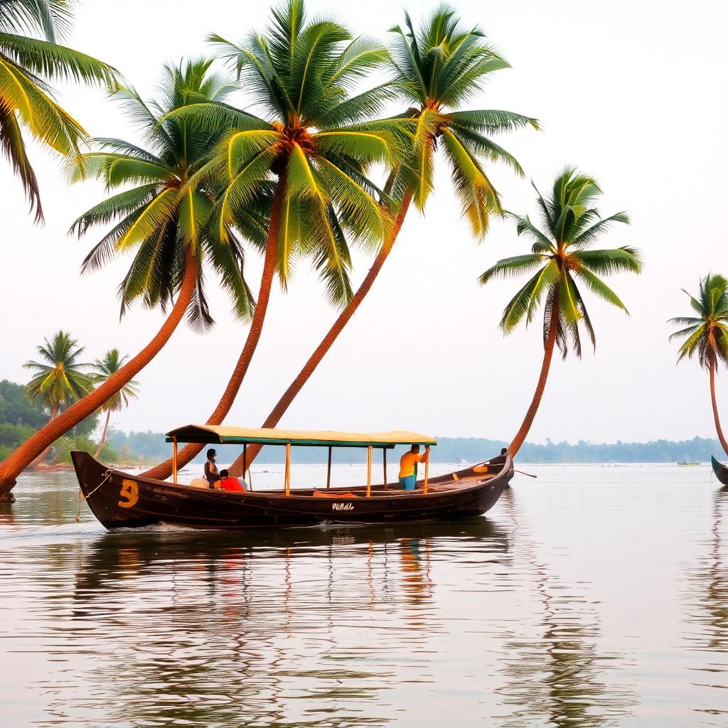 Wooden ferry gliding through Karnataka backwaters framed by tall coconut palms