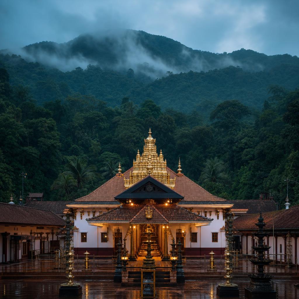 Kollur Mookambika Temple nestled against misty forested Kodachadri hills in coastal Karnataka