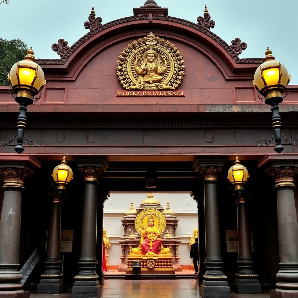 Ornate entrance of Kollur Mookambika Temple with brass lamps and stone pillars
