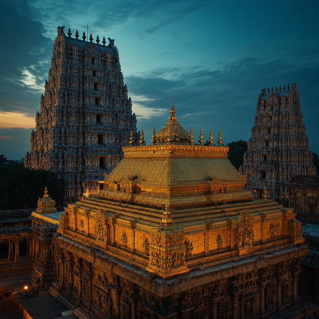 Chidambaram Nataraja Temple's gilded roof sanctum amid Tamil Nadu Dravidian architecture at dusk