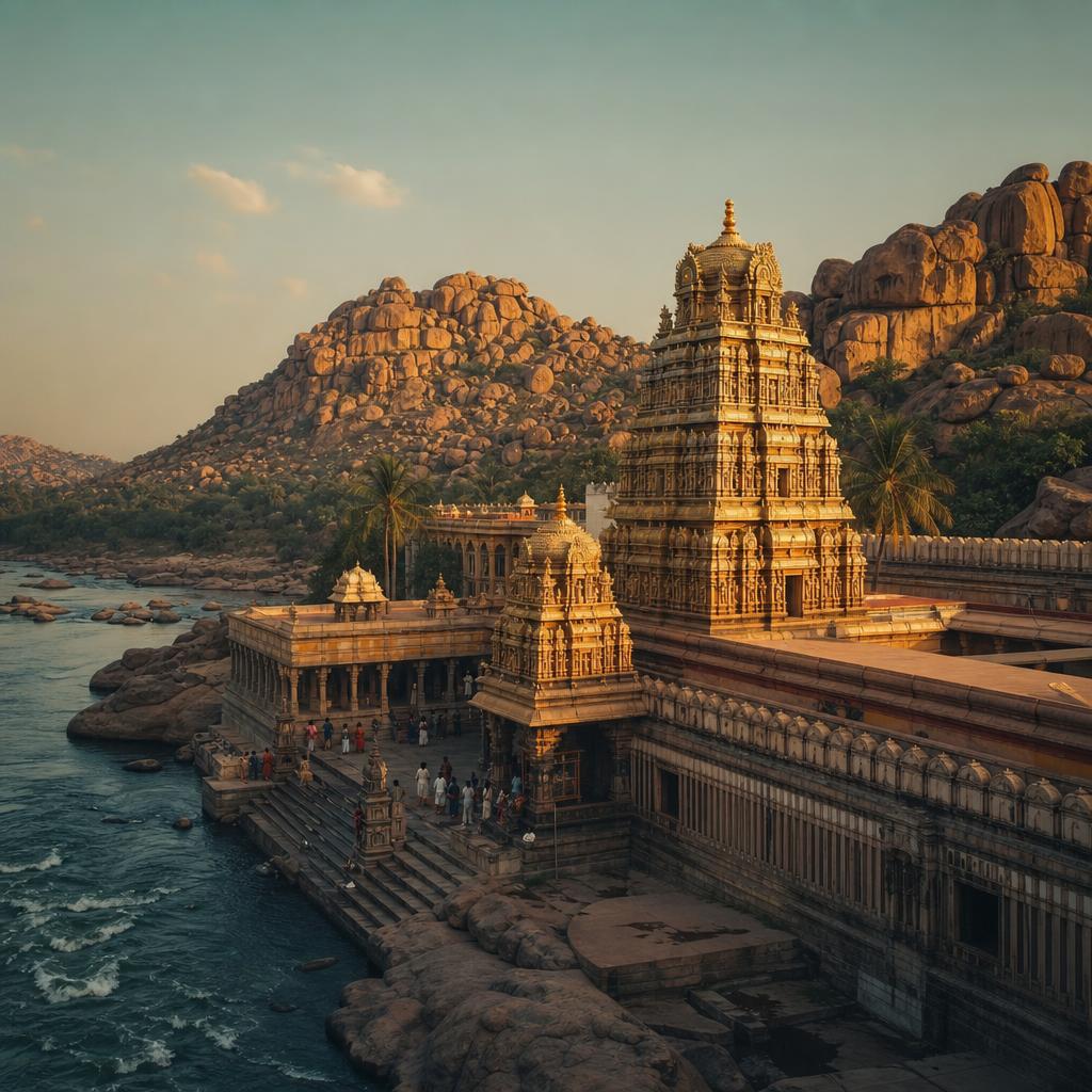 Mantralayam temple set amid boulder-strewn hills of Andhra Pradesh at golden hour
