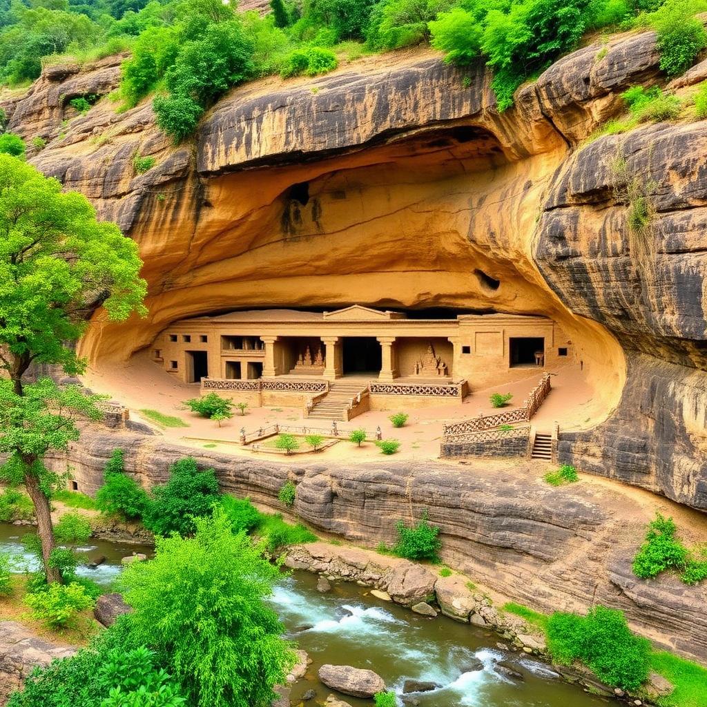 Ajanta Caves horseshoe cliff of ancient Buddhist rock-cut caves over Waghora river