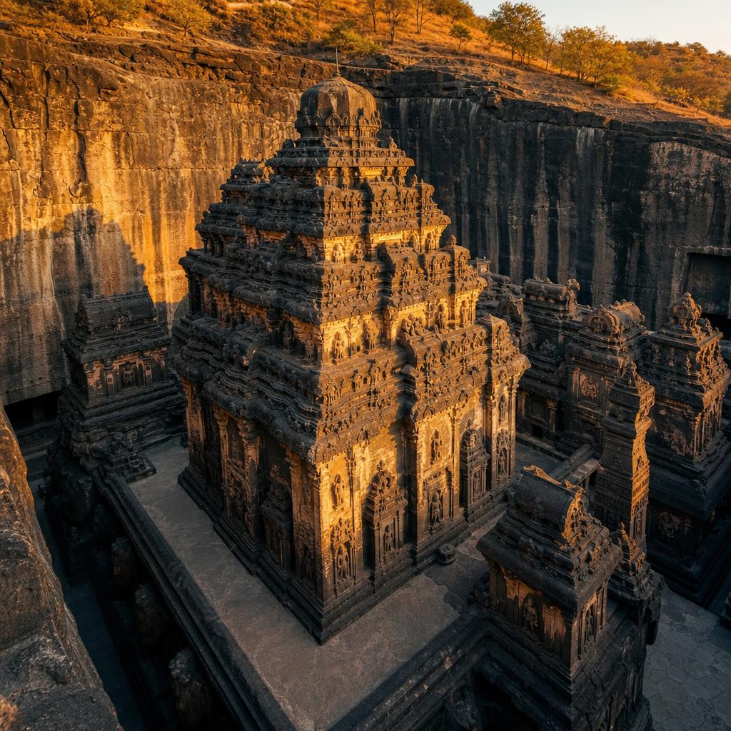 Ellora Kailasa Temple's monolithic rock-cut architecture carved into the Maharashtra cliffs