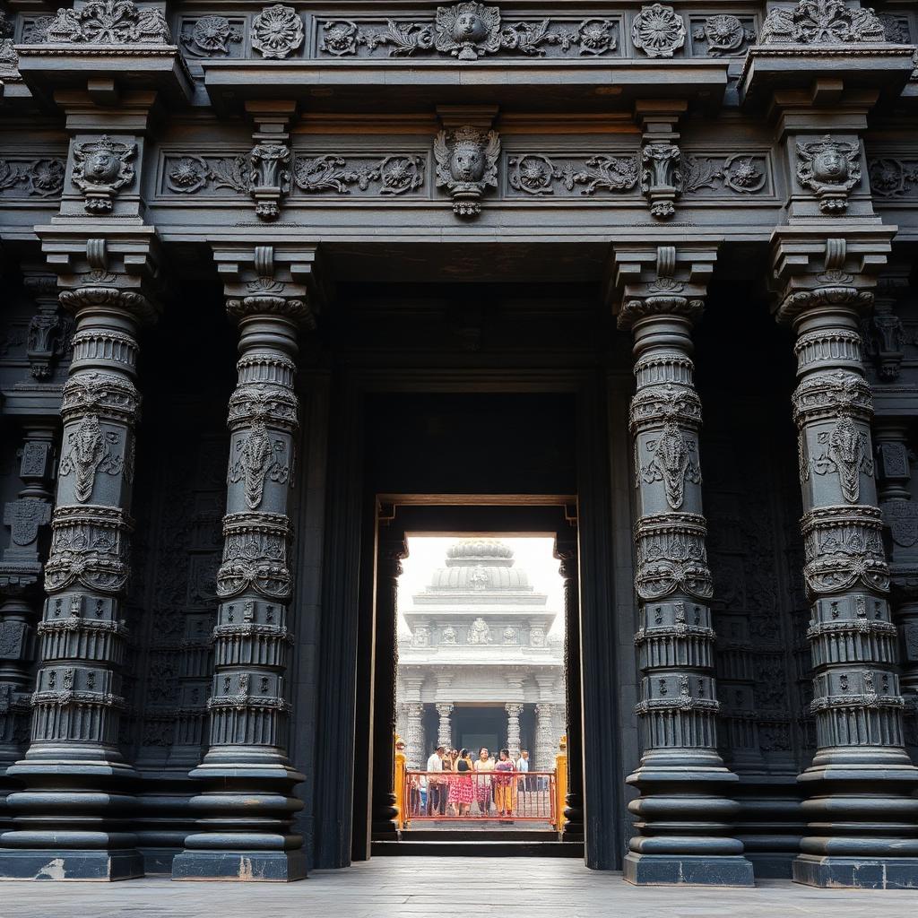 Trimbakeshwar Temple intricately carved black stone entrance with pillars