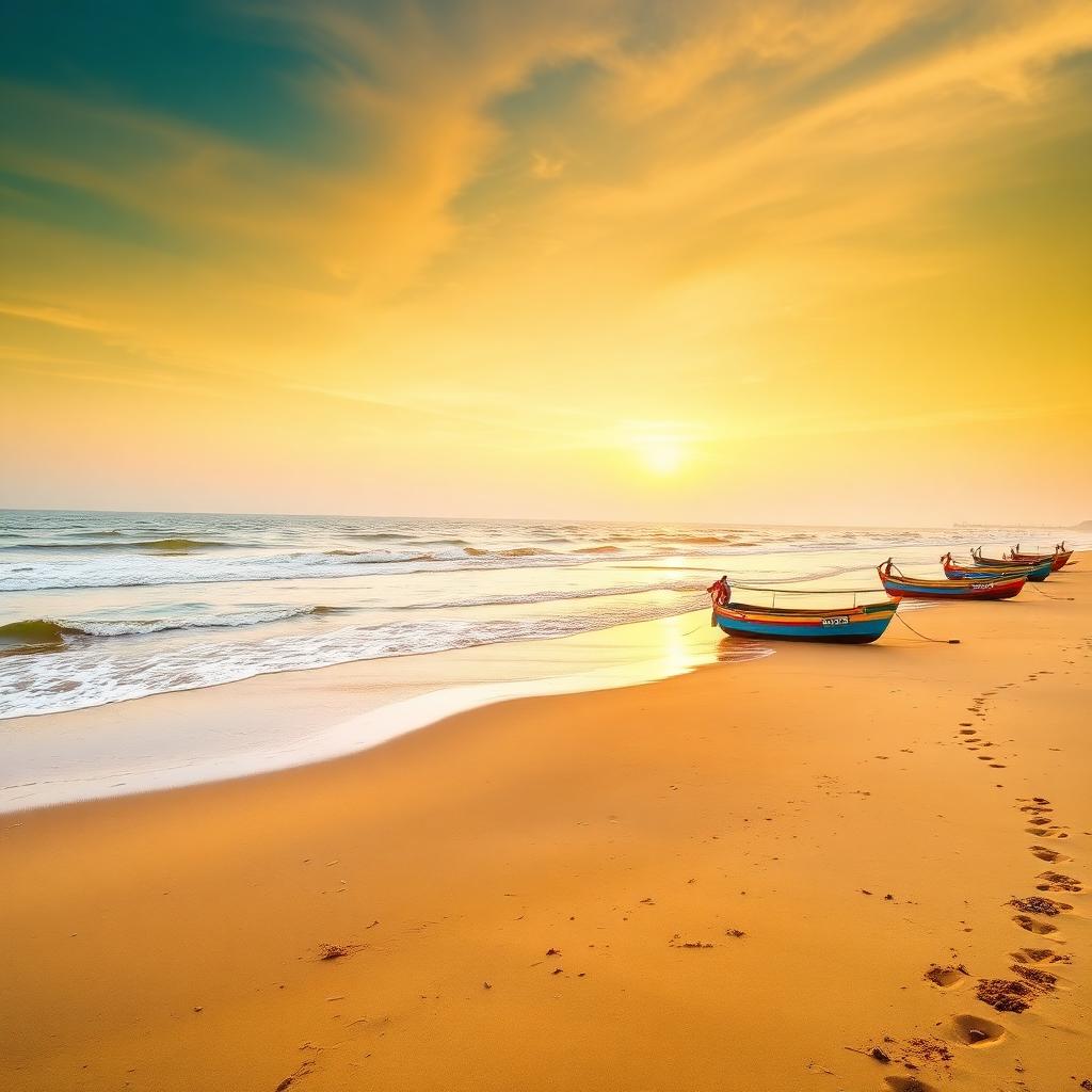Puri beach at sunrise with golden sand and colorful fishing boats