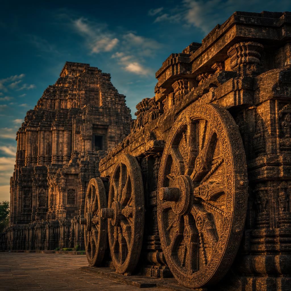 Konark Sun Temple's iconic carved stone chariot wheels in Odisha at golden hour