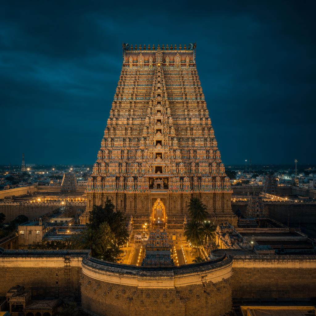 Srirangam Ranganathaswamy Temple's massive Rajagopuram towering above the temple complex at golden hour