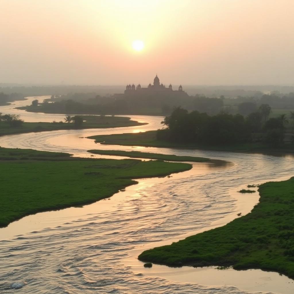 Sacred Kaveri river flowing at sunrise with distant temple silhouette