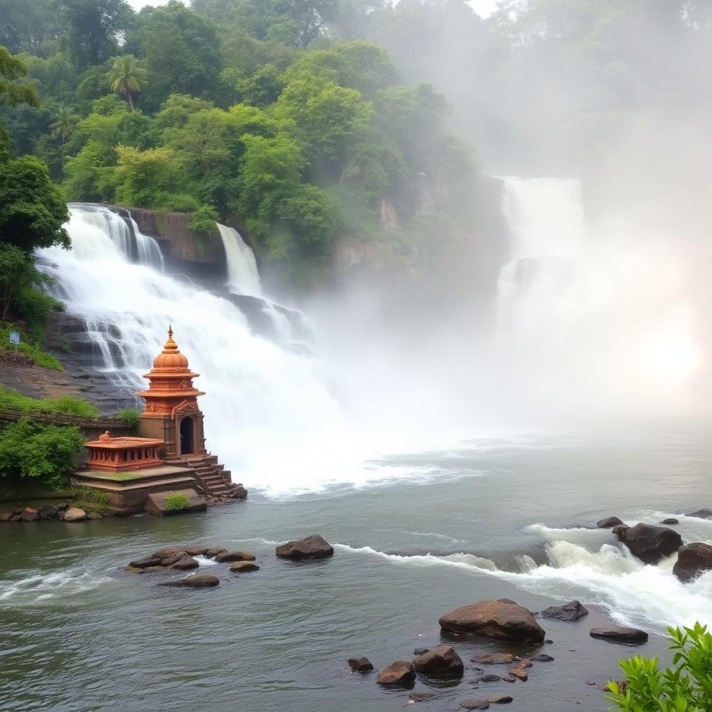Shivanasamudra waterfalls with the riverside Madhya Ranga shrine