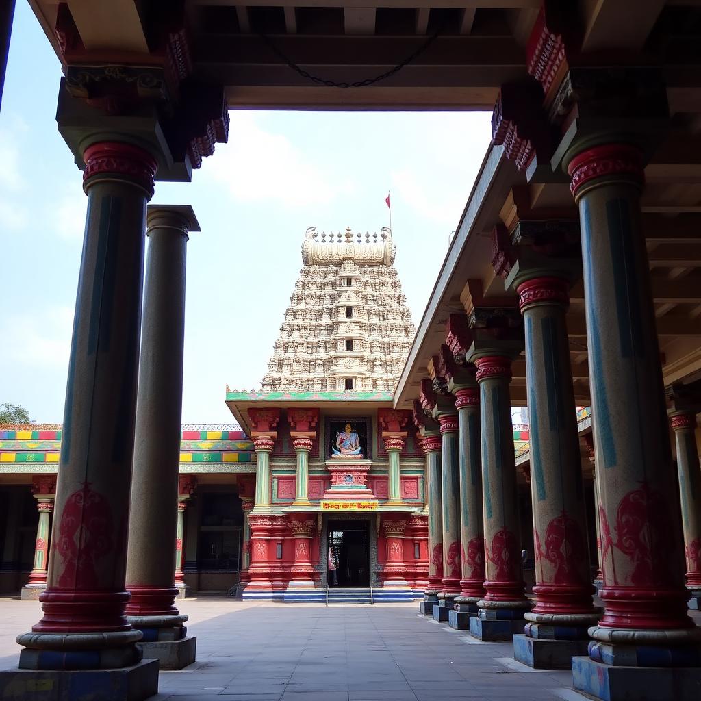 Colorful painted pillars inside Srirangam Ranganathaswamy Temple
