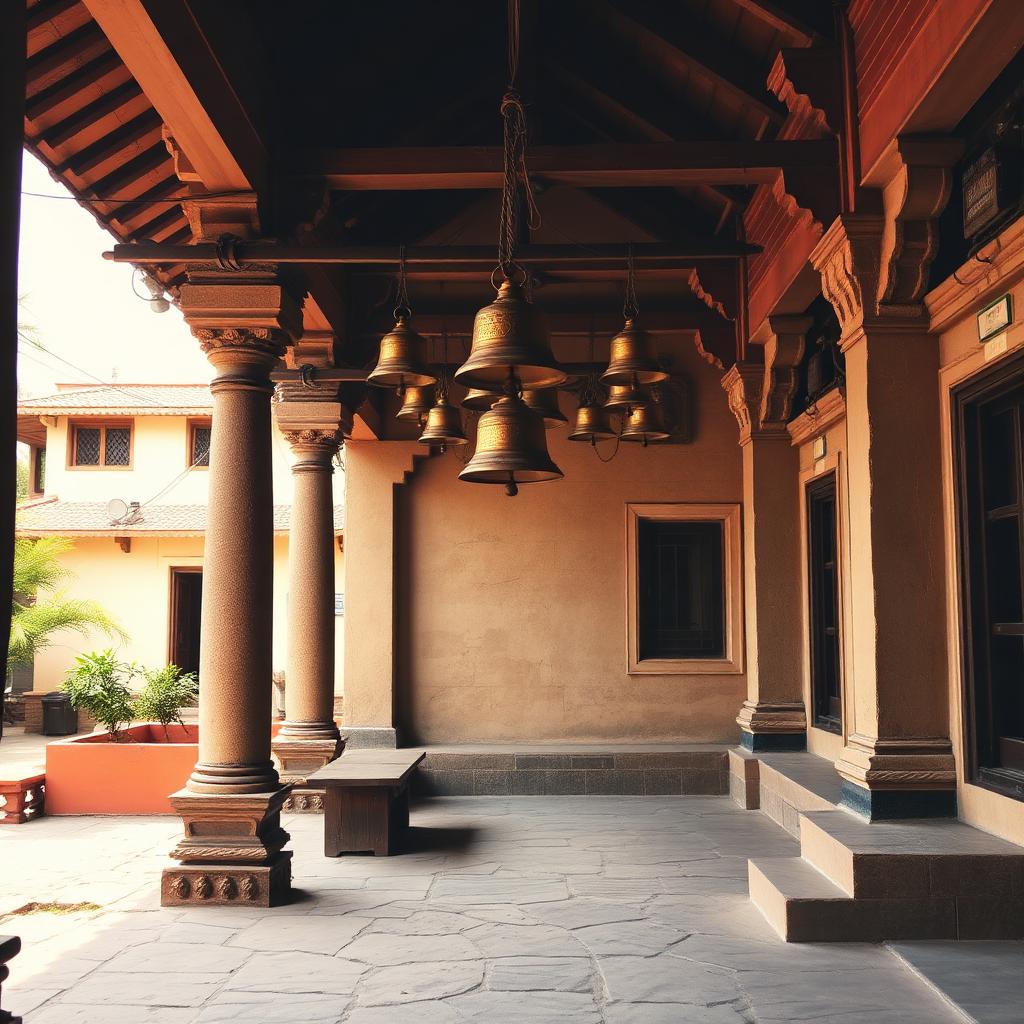 Traditional Maharashtra temple courtyard with hanging brass bells and stone flooring