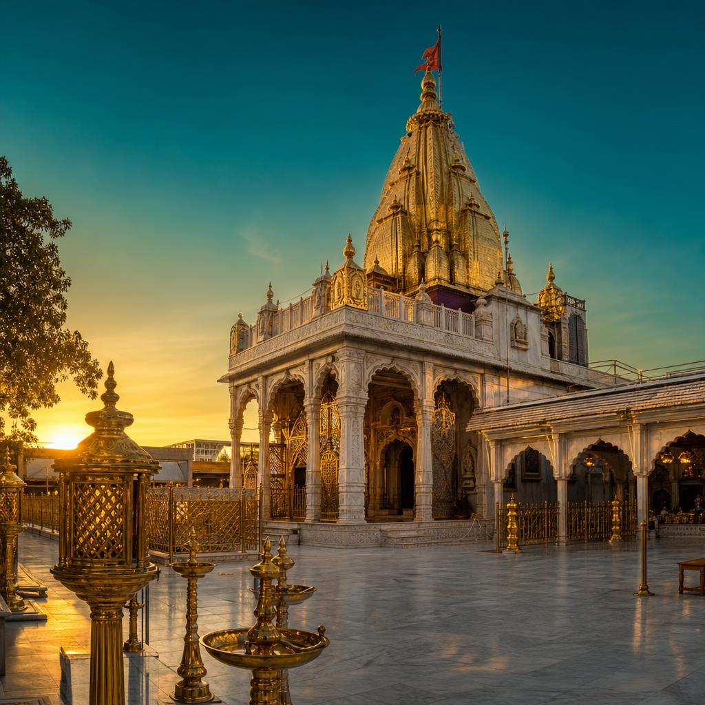 Shirdi Sai Baba Samadhi Mandir with gilded marble architecture at golden hour