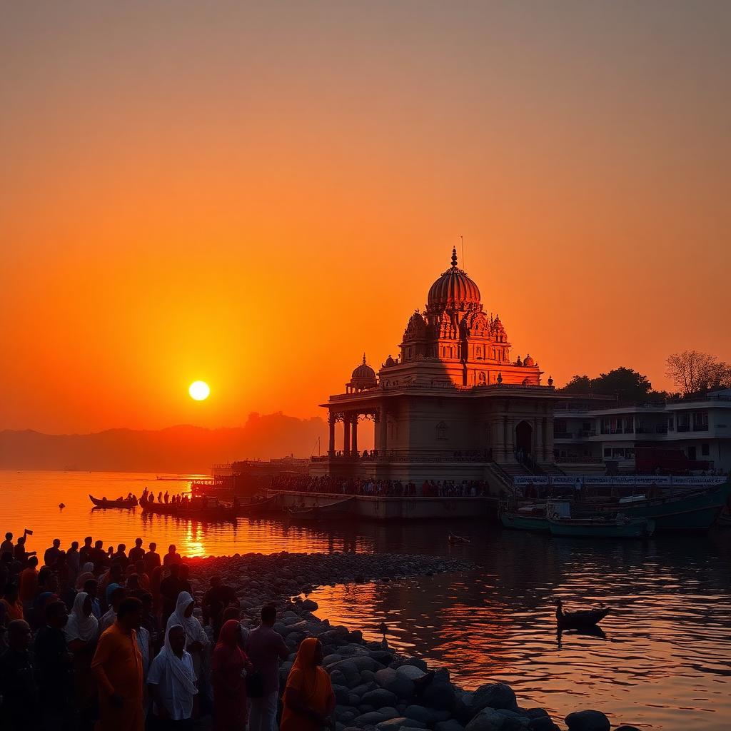 Pandharpur Vitthal Temple on Chandrabhaga river bank with warkari pilgrims at sunset