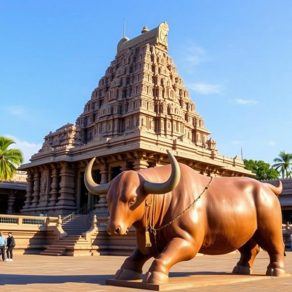 Brihadeeswarar Temple Thanjavur with giant Nandi statue at the entrance