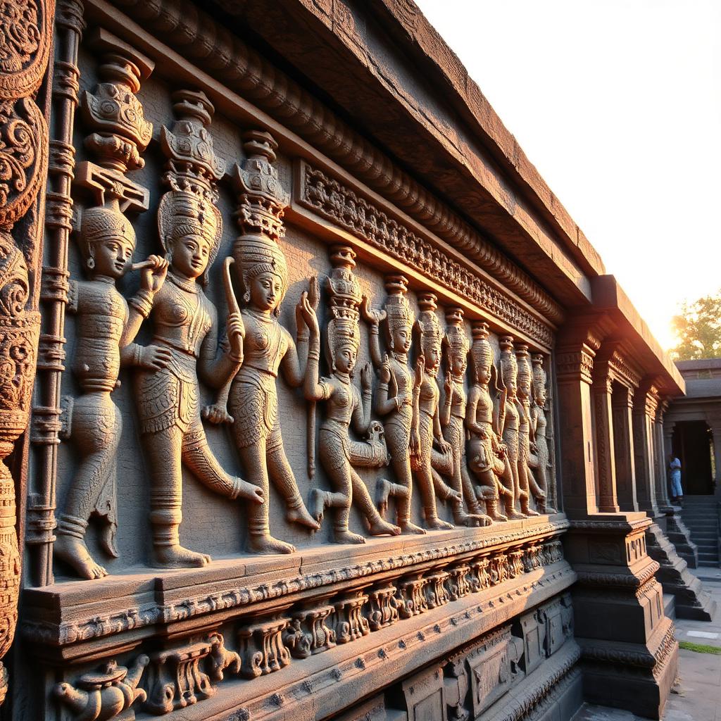 Intricate Chola stone carving of dancers on a Tamil Nadu temple wall
