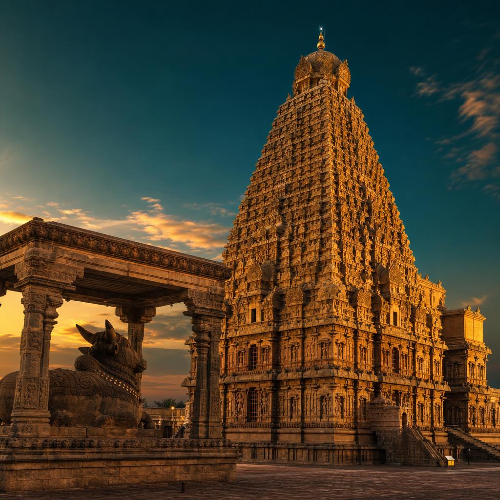 Thanjavur Brihadeeswarar Temple's massive Chola granite vimana tower at golden hour