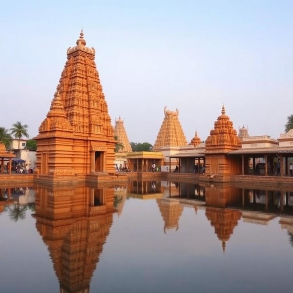 Sacred Mahamaham tank at Kumbakonam surrounded by ancient temple gopurams