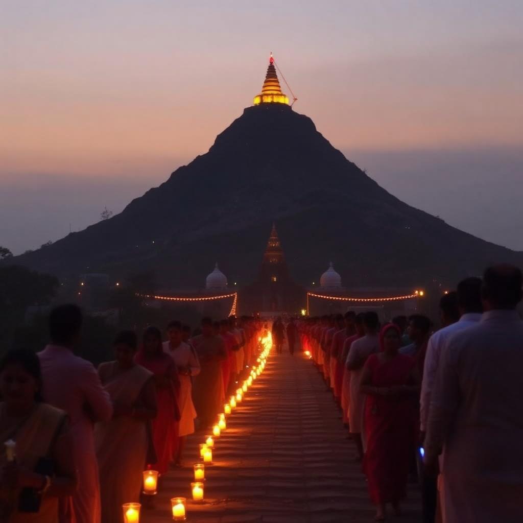 Devotees performing Girivalam around Arunachala hill at dusk with oil lamps