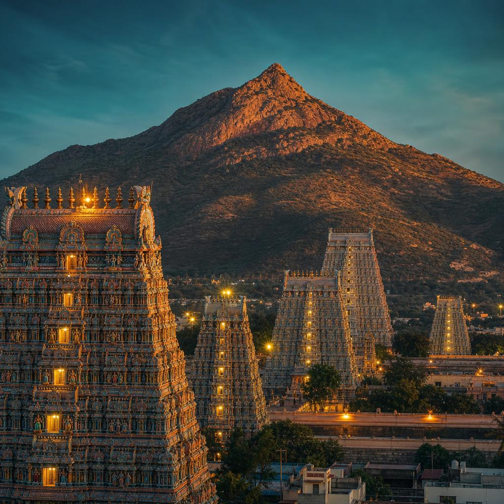 Annamalaiyar Temple gopuram at the base of the sacred Arunachala hill in Tiruvannamalai