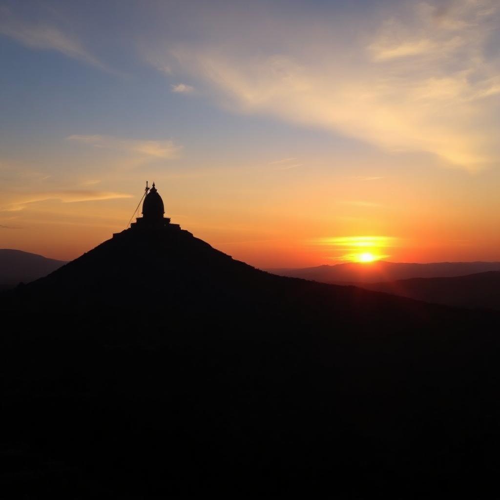 Sacred Arunachala hill silhouetted against a golden sunset sky