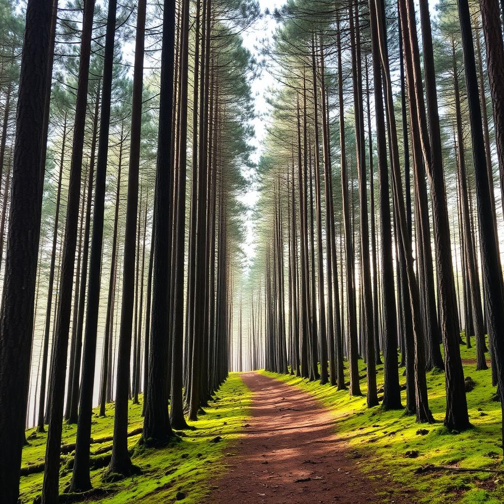 Tall pine forest path in Vagamon