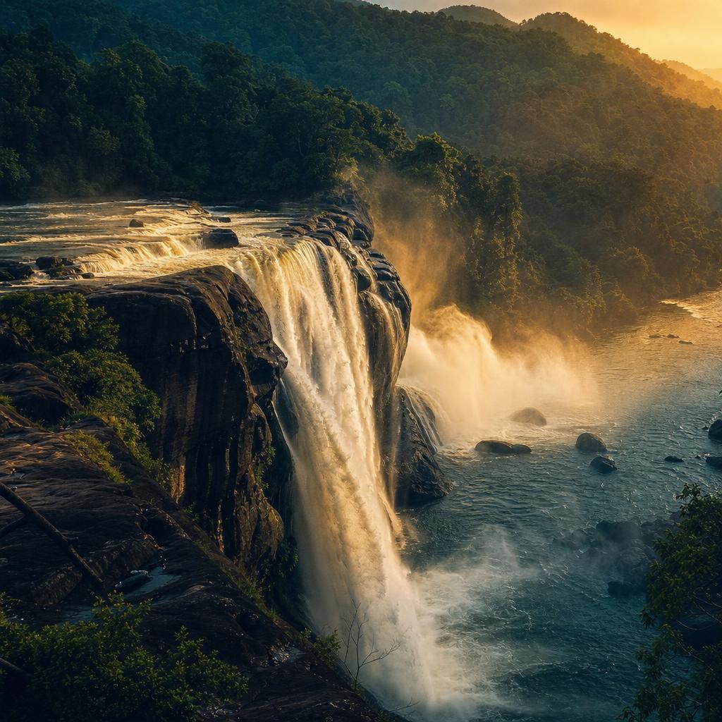 Athirappilly waterfall in Kerala thundering through mist and dense rainforest at golden hour