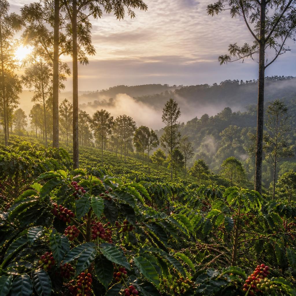 Aromatic coffee plantations in Coorg at sunrise with misty hills