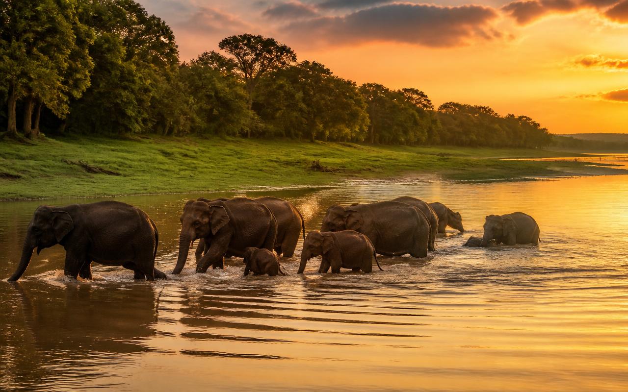 Elephant herd crossing the Kabini river at sunset during a wildlife safari