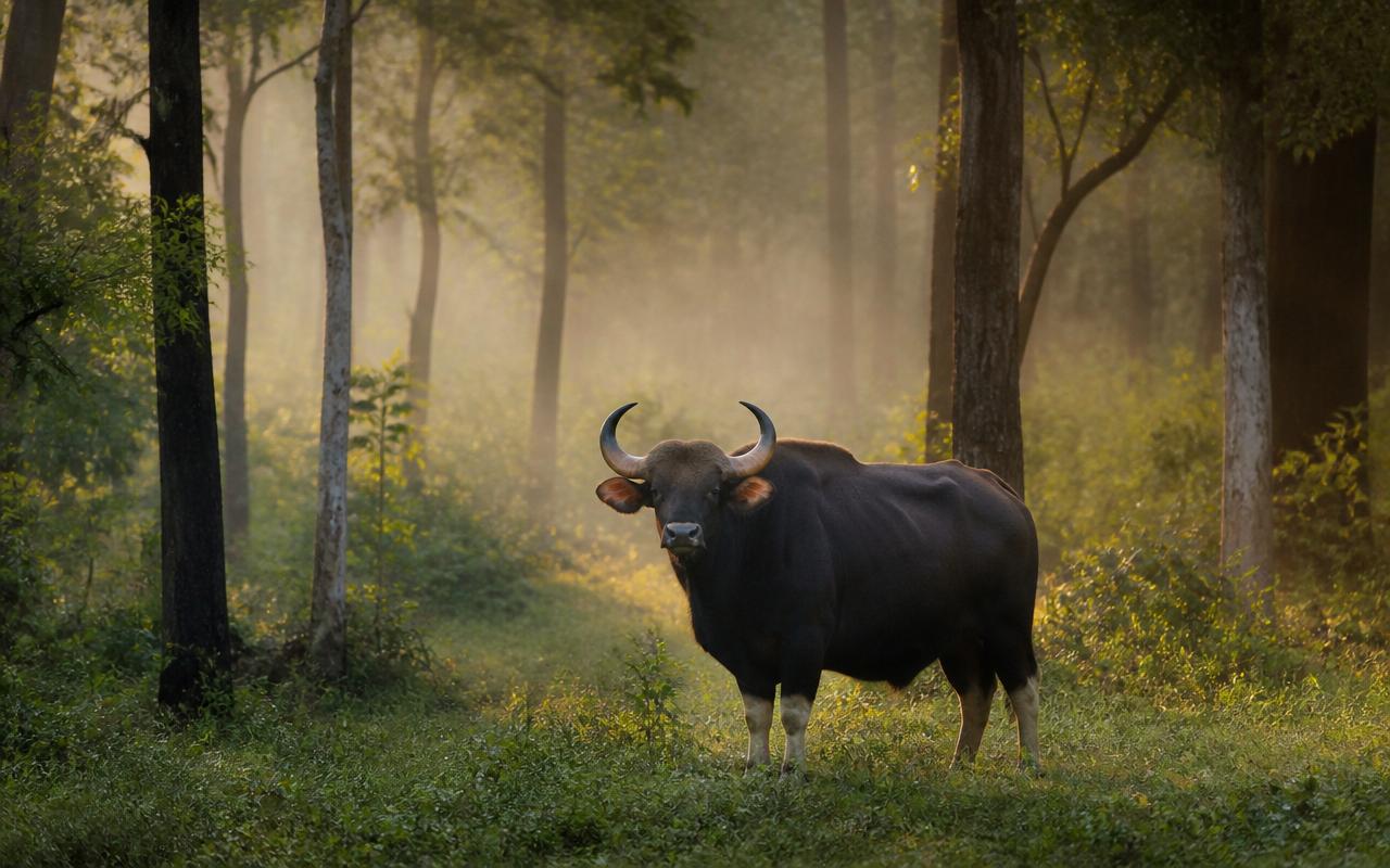Indian gaur in a misty forest clearing at Nagarahole National Park