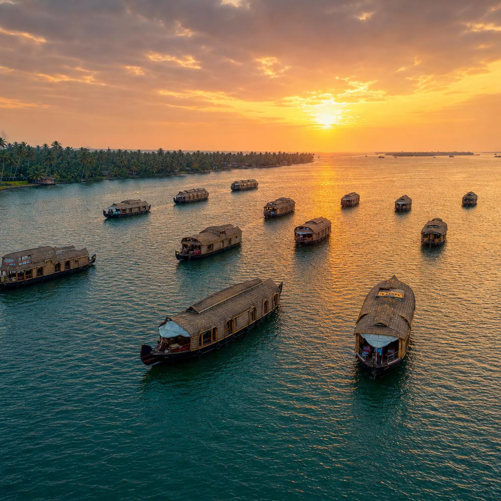 Fleet of traditional kettuvallam houseboats moored on Alleppey's Vembanad Lake at sunset