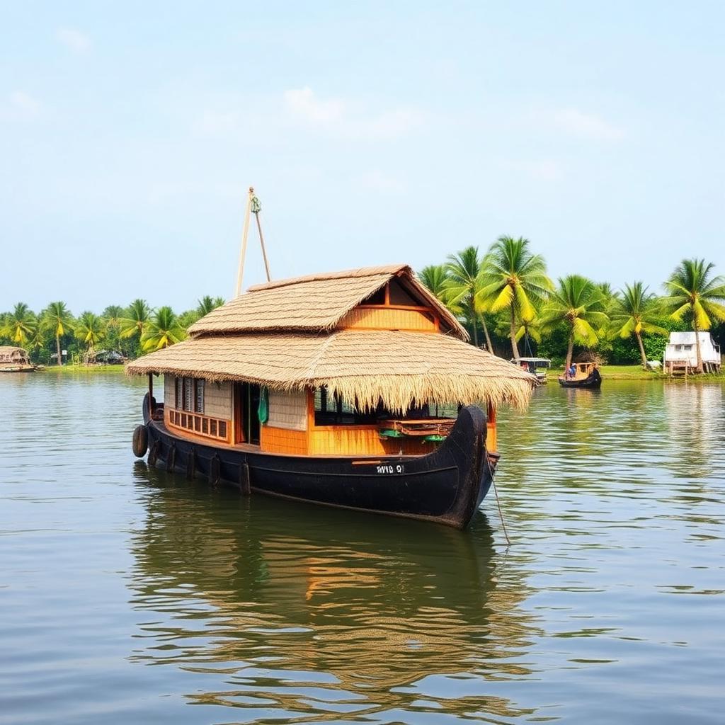 Wooden Kerala houseboat kettuvallam with thatched roof anchored in Alleppey