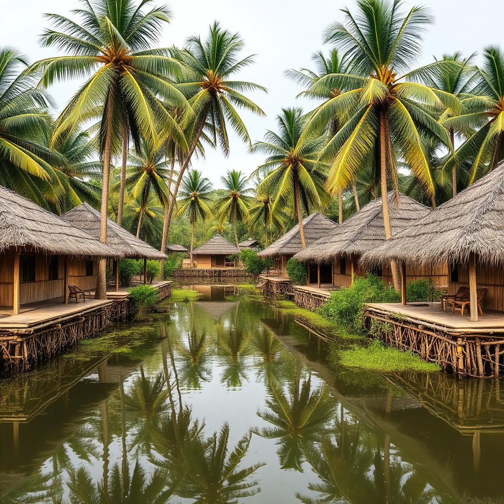 Traditional Kerala coir village on Alleppey backwaters with thatched houses