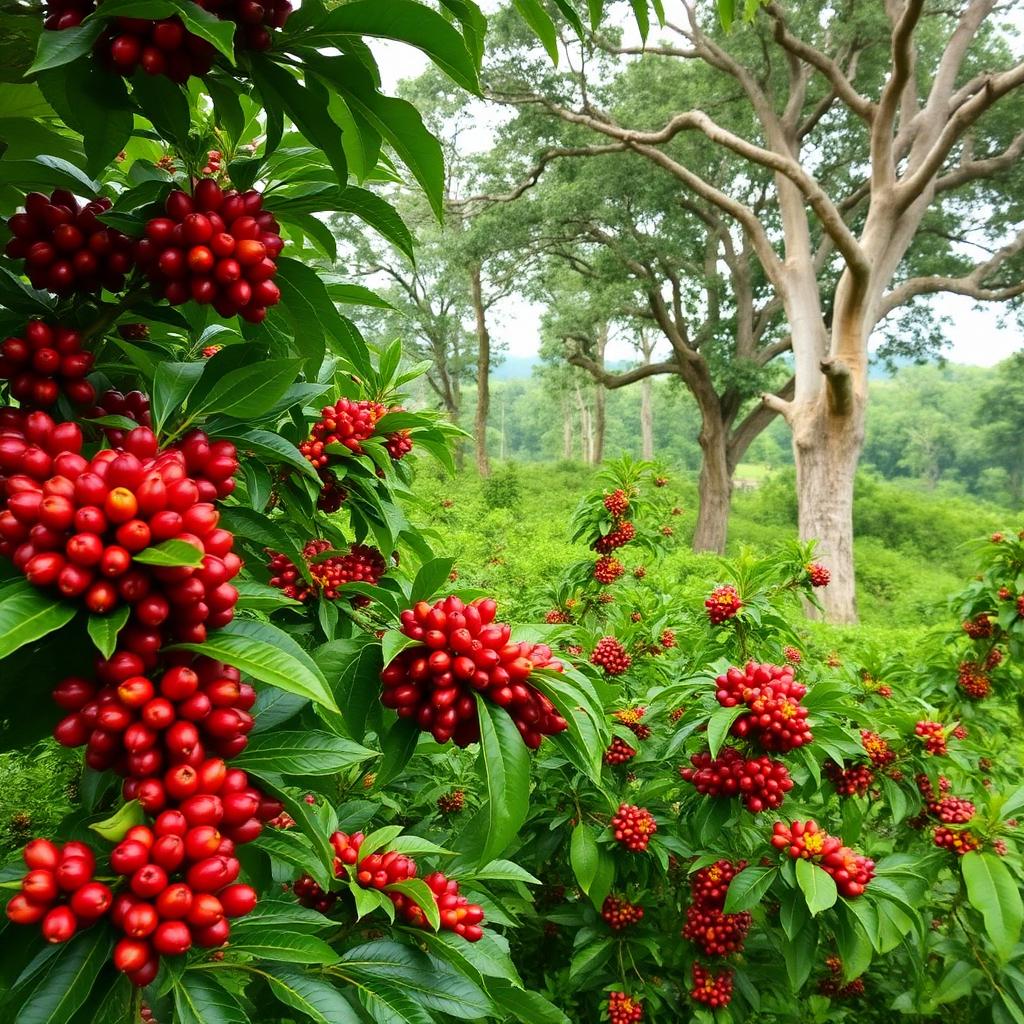 Lush Coorg coffee estate with ripe red coffee cherries and silver oak shade trees