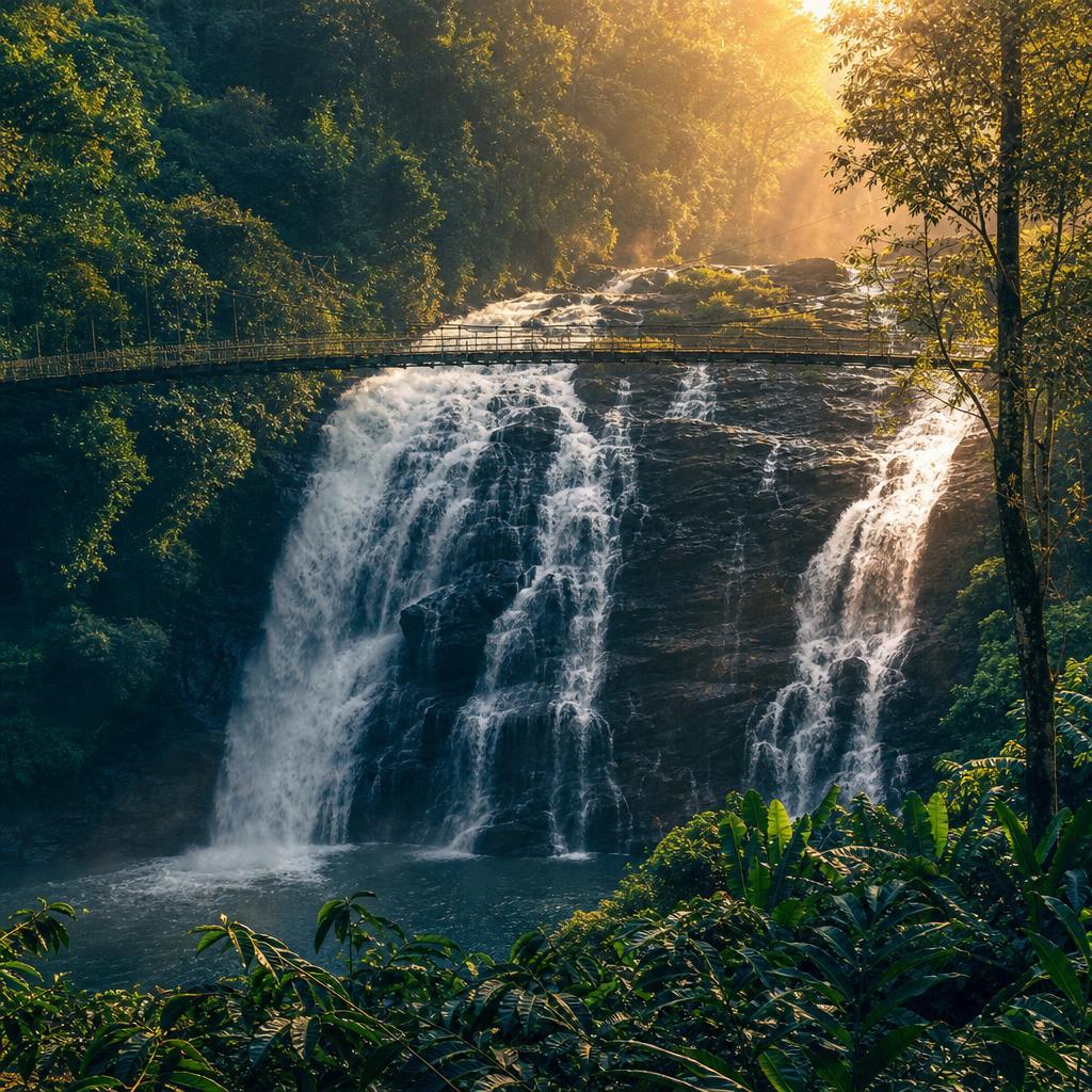 Abbey Falls in Coorg cascading through misty coffee-plantation forest with a hanging footbridge above