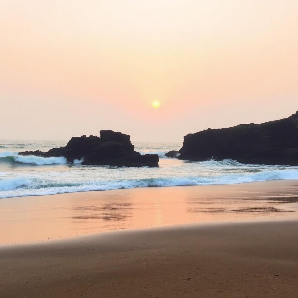 Rocky Gokarna coastline with waves crashing on cliffs at sunset