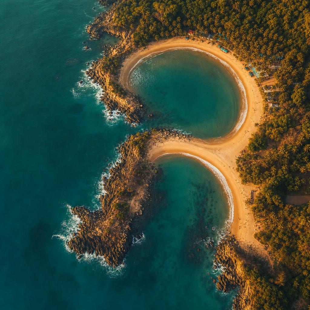 Aerial view of Gokarna's Om-shaped beach curving along the Arabian Sea coastline