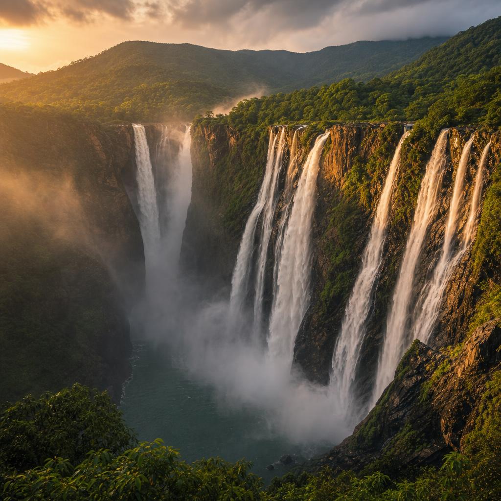 Jog Falls plunging in four segmented cascades through a monsoon-green gorge in Karnataka
