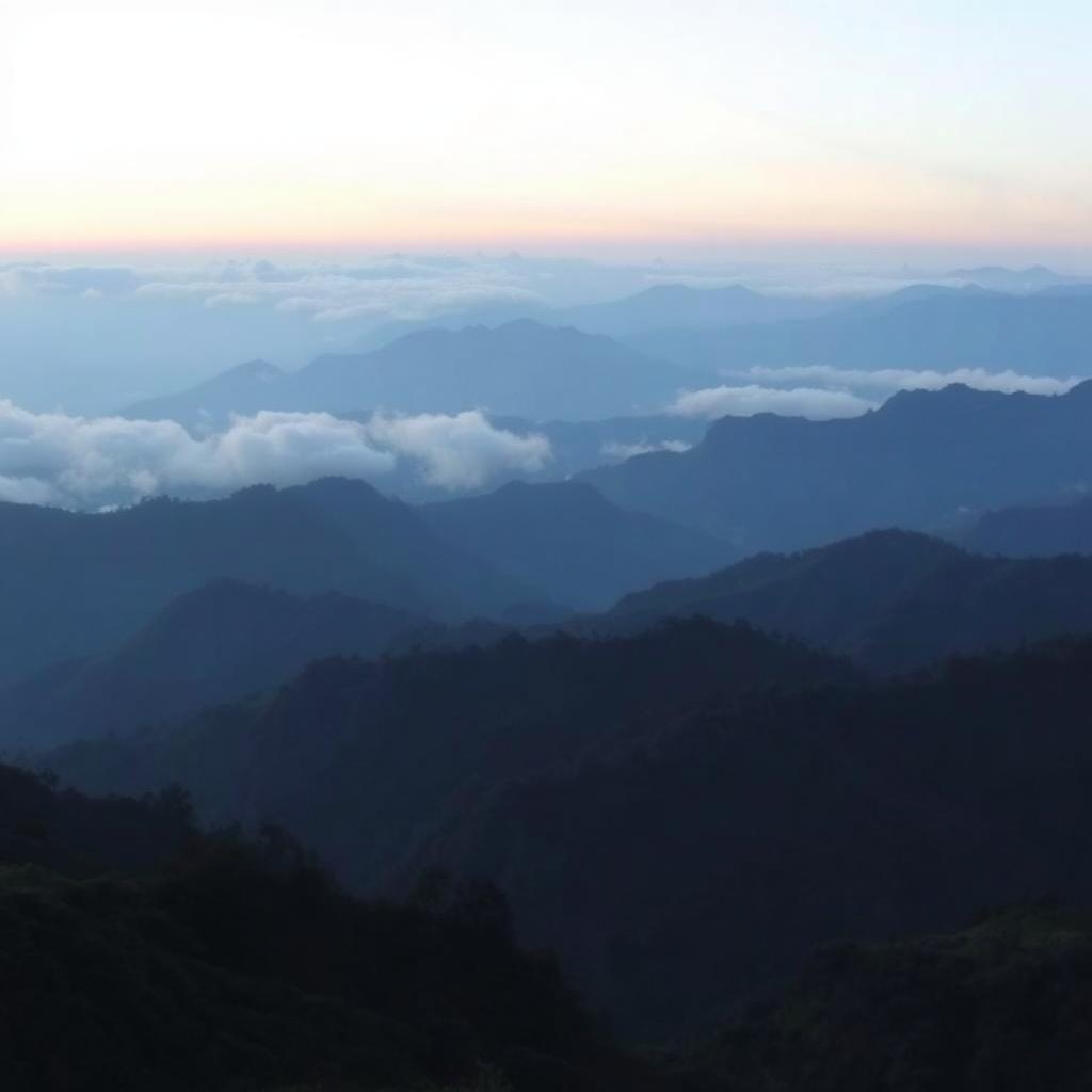 Layered Western Ghats mountain ranges at dusk with cloud inversion