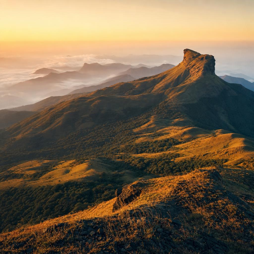 Kudremukh's horse-face-shaped peak rising above rolling shola grasslands in the Western Ghats