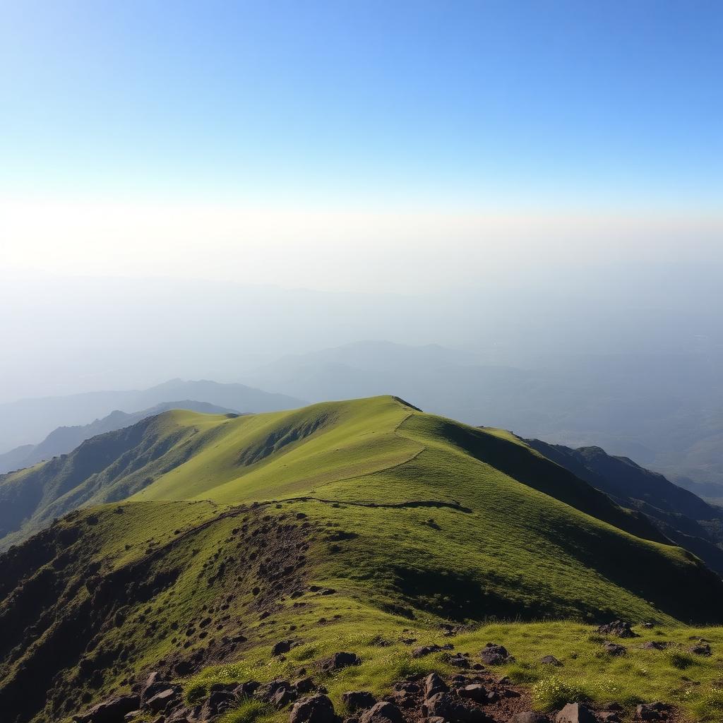 Kudremukha peak summit with rolling green grasslands and distant blue ridges