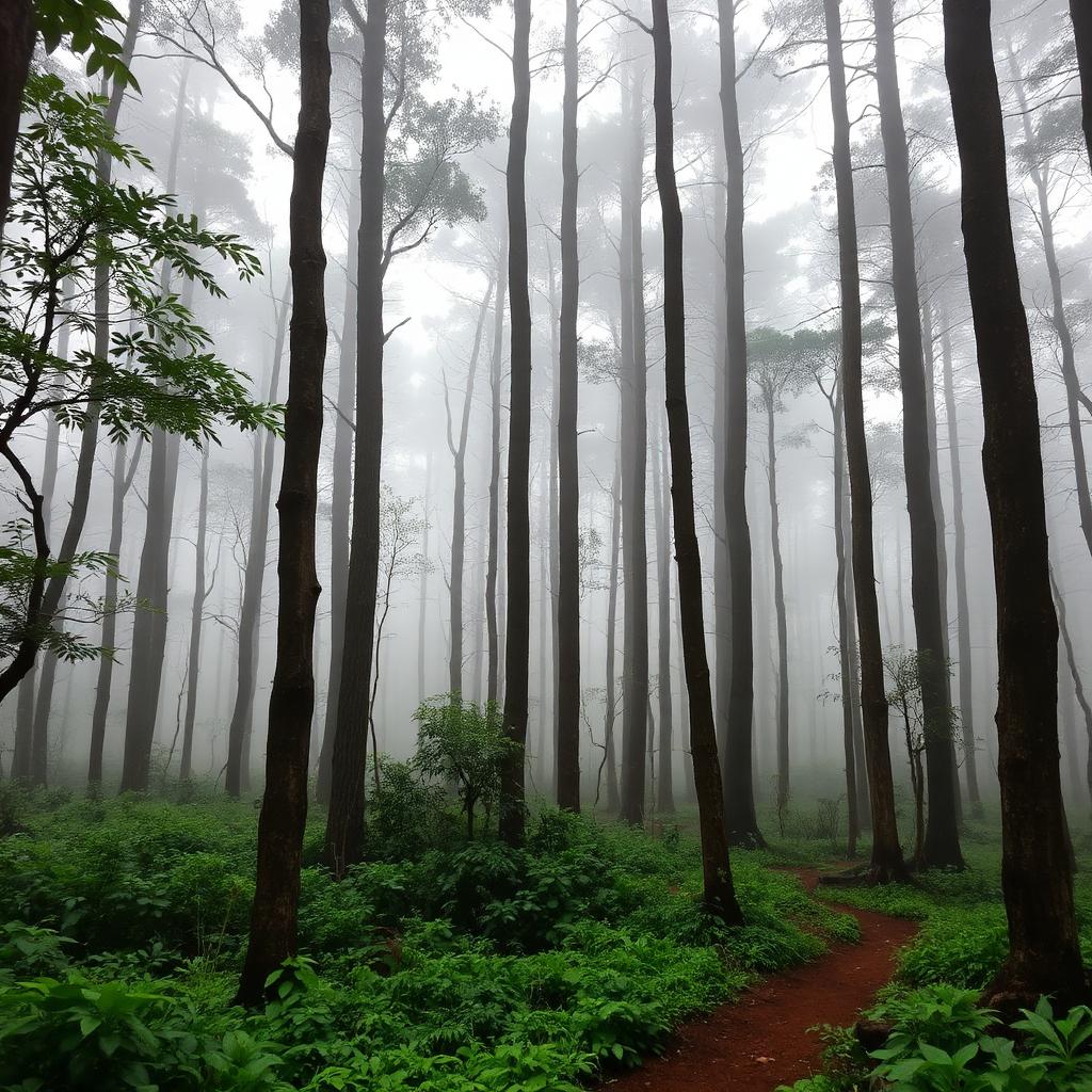Dense misty shola forest with tall trees on Netravati trekking route