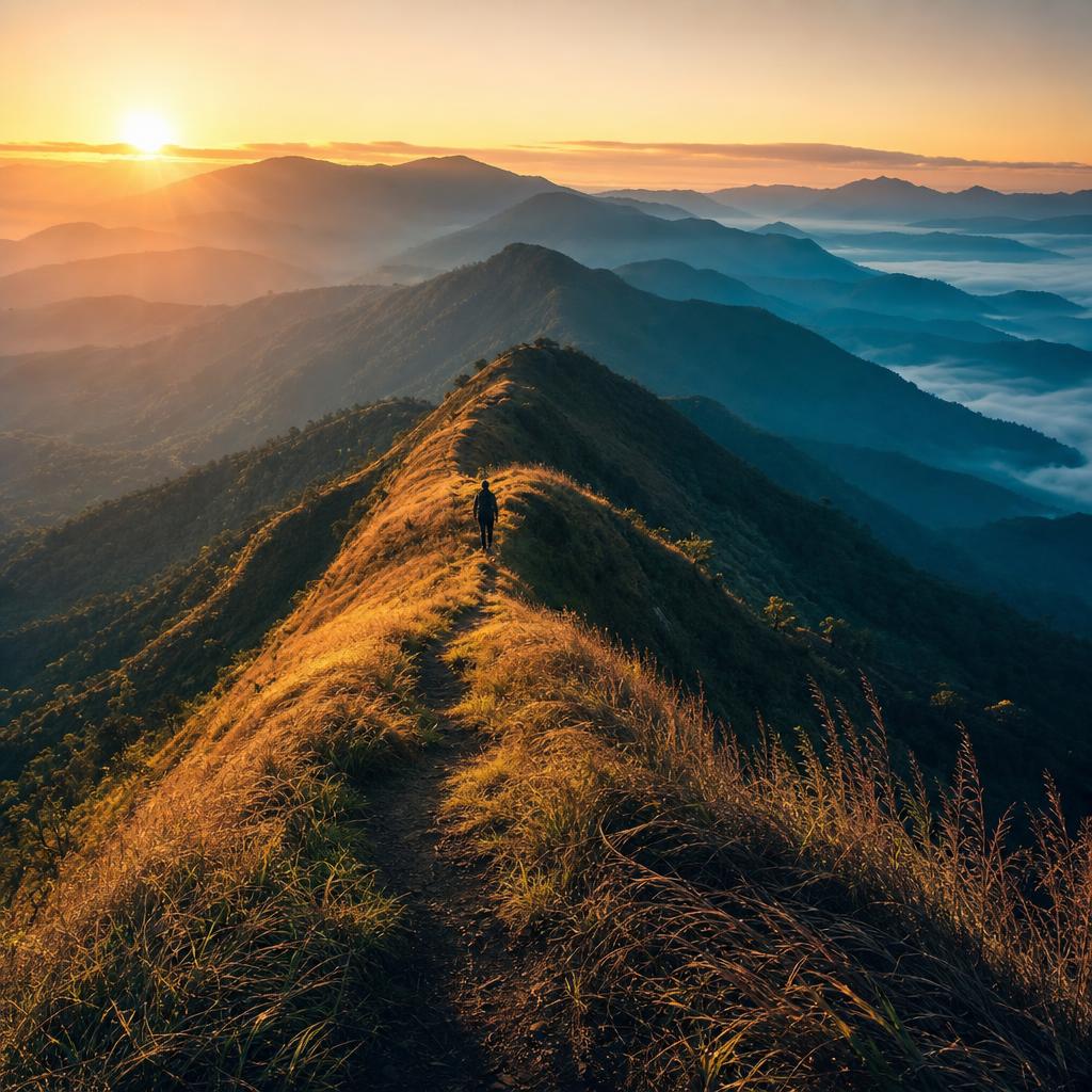 Panoramic ridge trail along Netravati Peak with layered Western Ghats mountains at sunrise