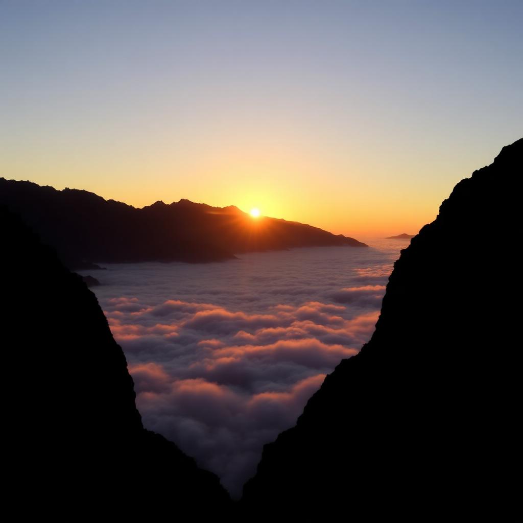 Golden sunrise over Netravati peak with sea of clouds filling the valleys