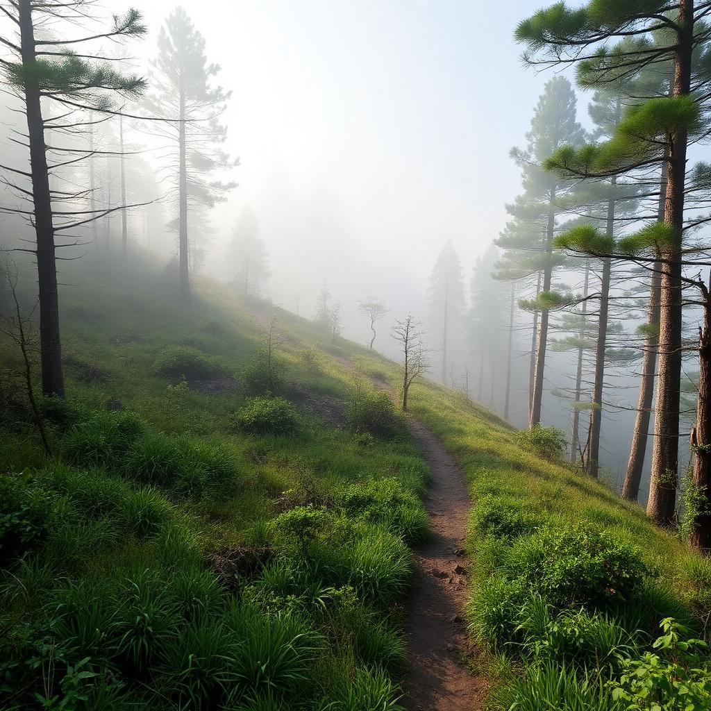 Narrow forest hiking trail winding up Netravati peak through tall grass