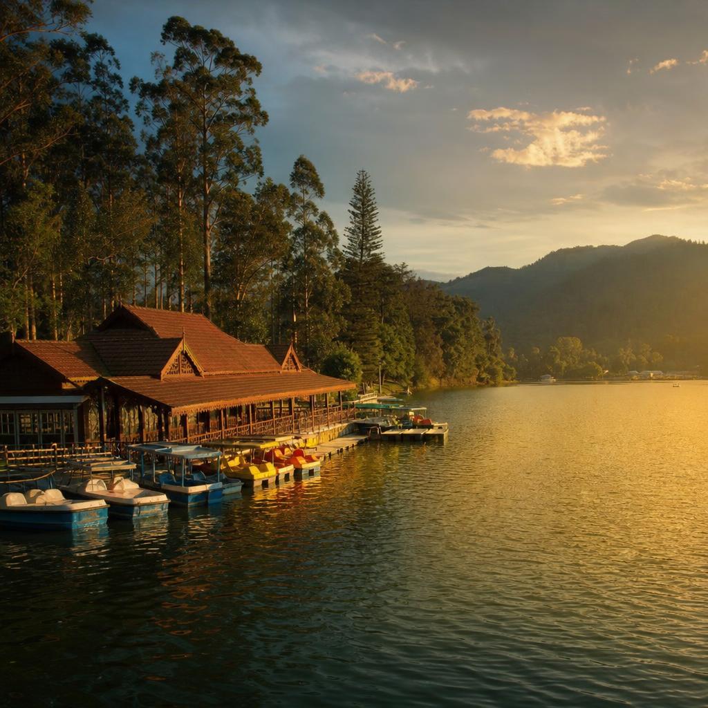Ooty Lake with its heritage boathouse and rowing boats amid the Nilgiri hills at golden hour