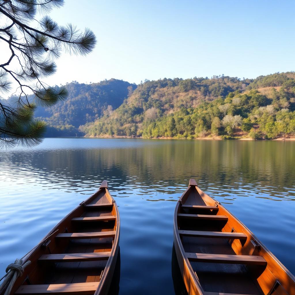 Ooty Lake with wooden rowboats on calm water surrounded by pine trees