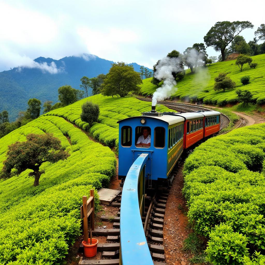 Vintage blue Nilgiri Mountain Railway toy train winding through tea plantations